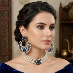 stones Pearl Meenakari Chandbali Earrings